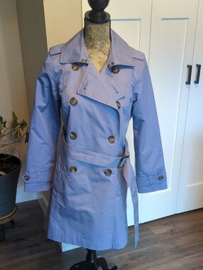 L.L. Bean Blue Double-Breasted Trench with Belted Waist